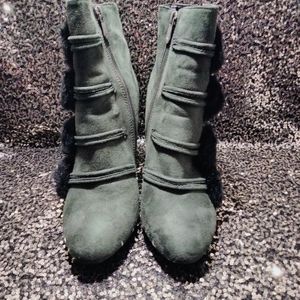 Olive Pom Pom Ankle Boots